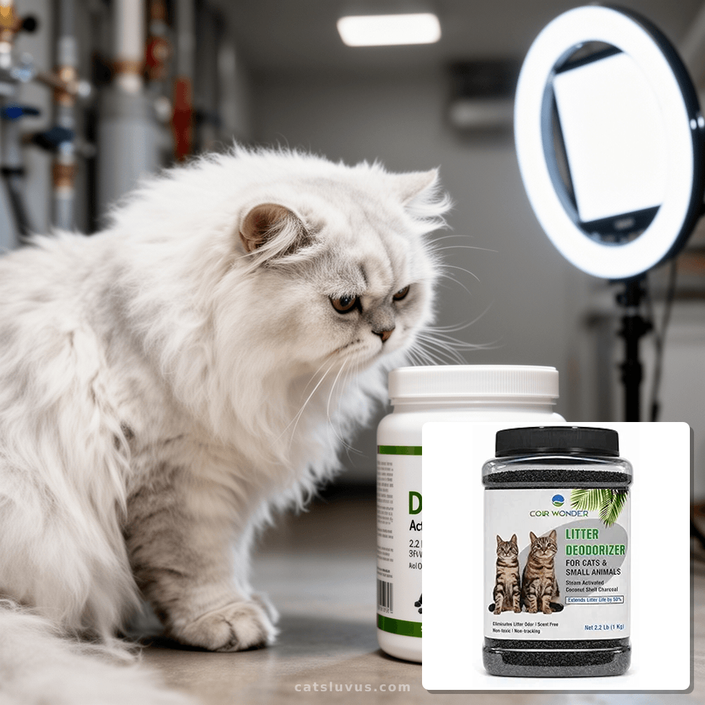 Cat Litter Deodorizer – 2.2 Lb Activated Charcoal Carbon – with cat - professional product lifestyle photo
