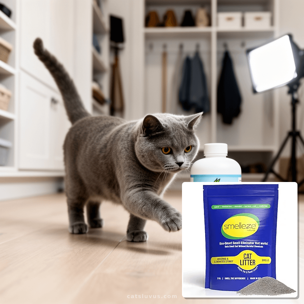 SMELLEZE Natural Cat Litter Deodorizer and Litter Box Odor with cat - professional product lifestyle photo