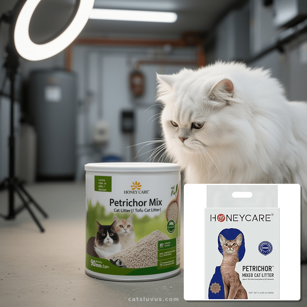 HONEY CARE Petrichor Mix Cat Litter I Tofu Cat Litter I with cat - professional product lifestyle photo