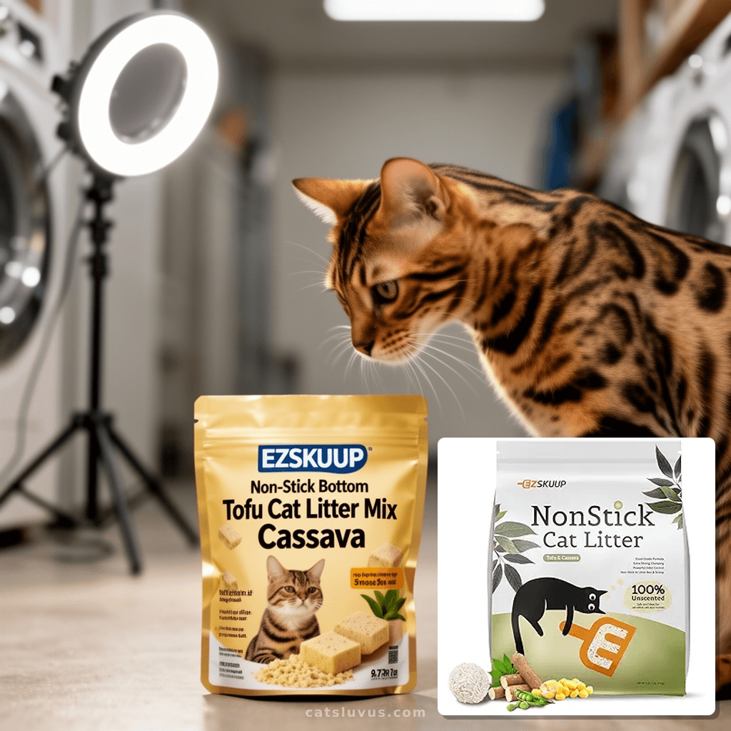 EZSKUUP Non-Stick Bottom Tofu Cat Litter Mix Cassava with cat - professional product lifestyle photo