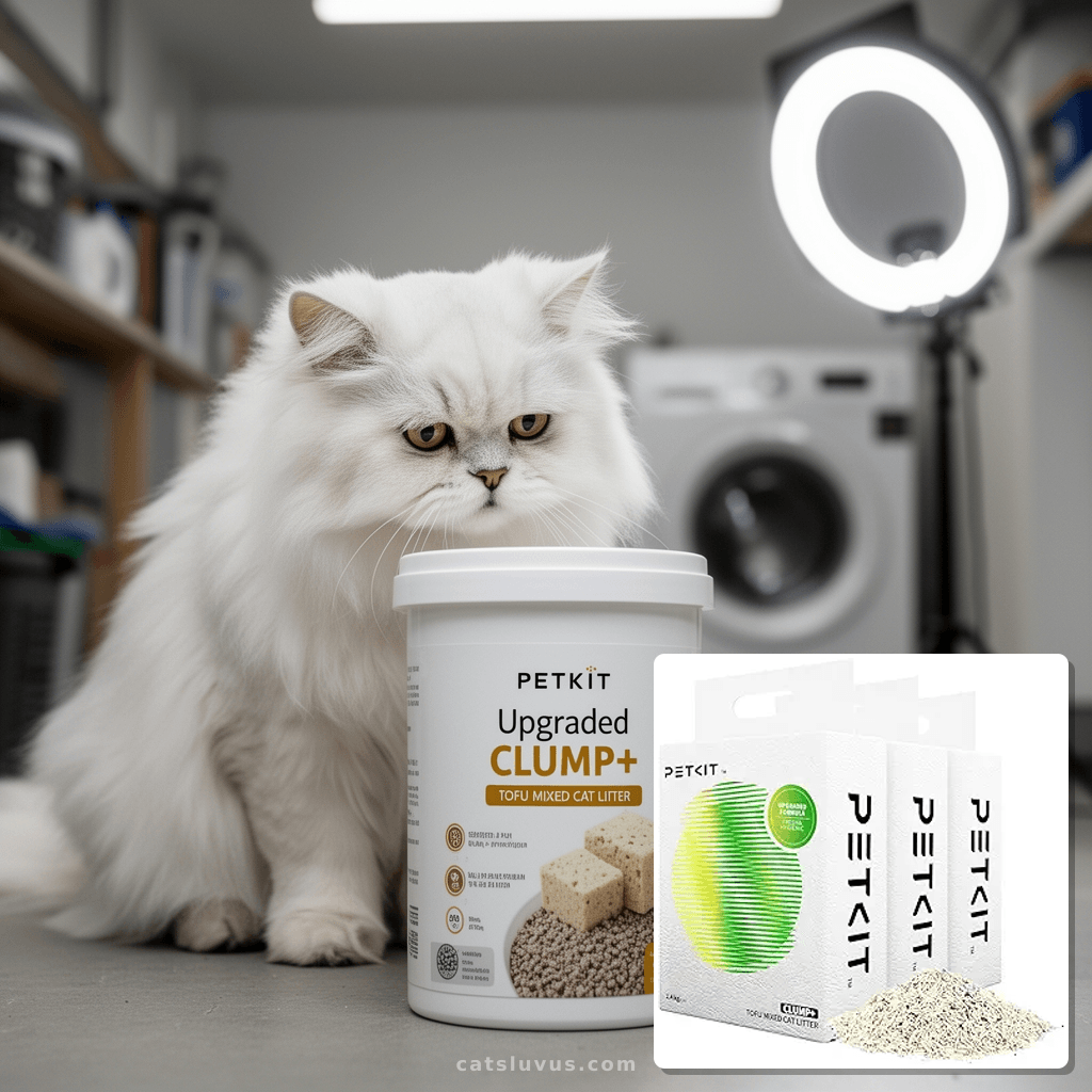 PETKIT Upgraded Clump+ Tofu Mixed Cat Litter with cat - professional product lifestyle photo