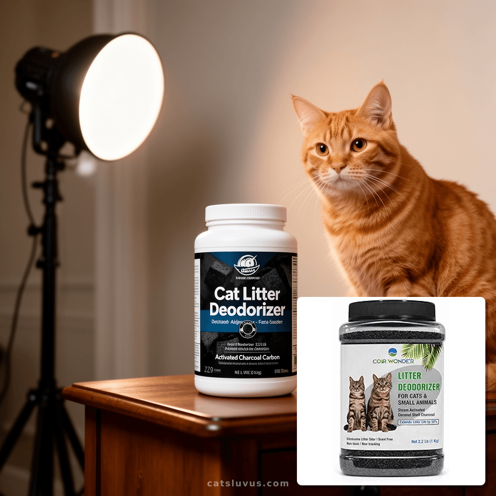 Cat Litter Deodorizer – 2.2 Lb Activated Charcoal Carbon – with cat - professional product lifestyle photo