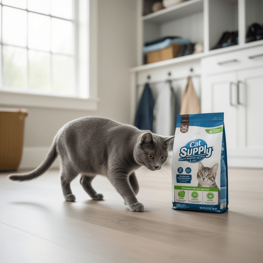 Dr. Elsey's Ultra UnScented Clumping Clay Cat Litter 40 lb. with cat - professional product lifestyle photo