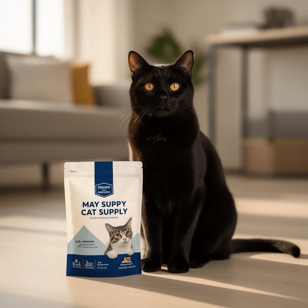 Rocco & Roxie Litter Box Odor Eliminator with cat - professional product lifestyle photo