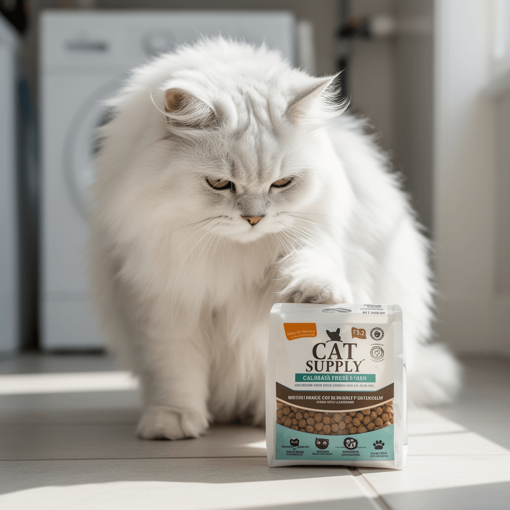 Rocco & Roxie Litter Box Odor Eliminator 2-Pack with cat - professional product lifestyle photo