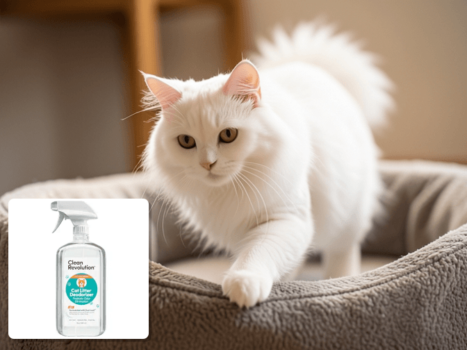 Cat owner reviewing cat litter box deodorizer powder options for their pet in 2026