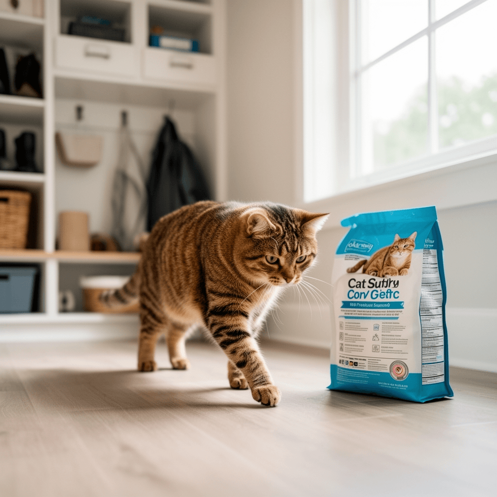 sWheat Scoop Natural Wheat Multi-Cat Litter with cat - professional product lifestyle photo