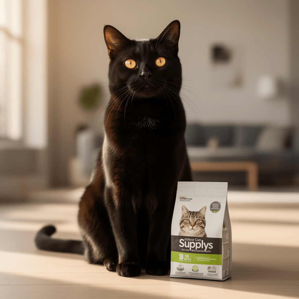 Amazon Basics Durable Cat Litter Scoop with Holder with cat - professional product lifestyle photo