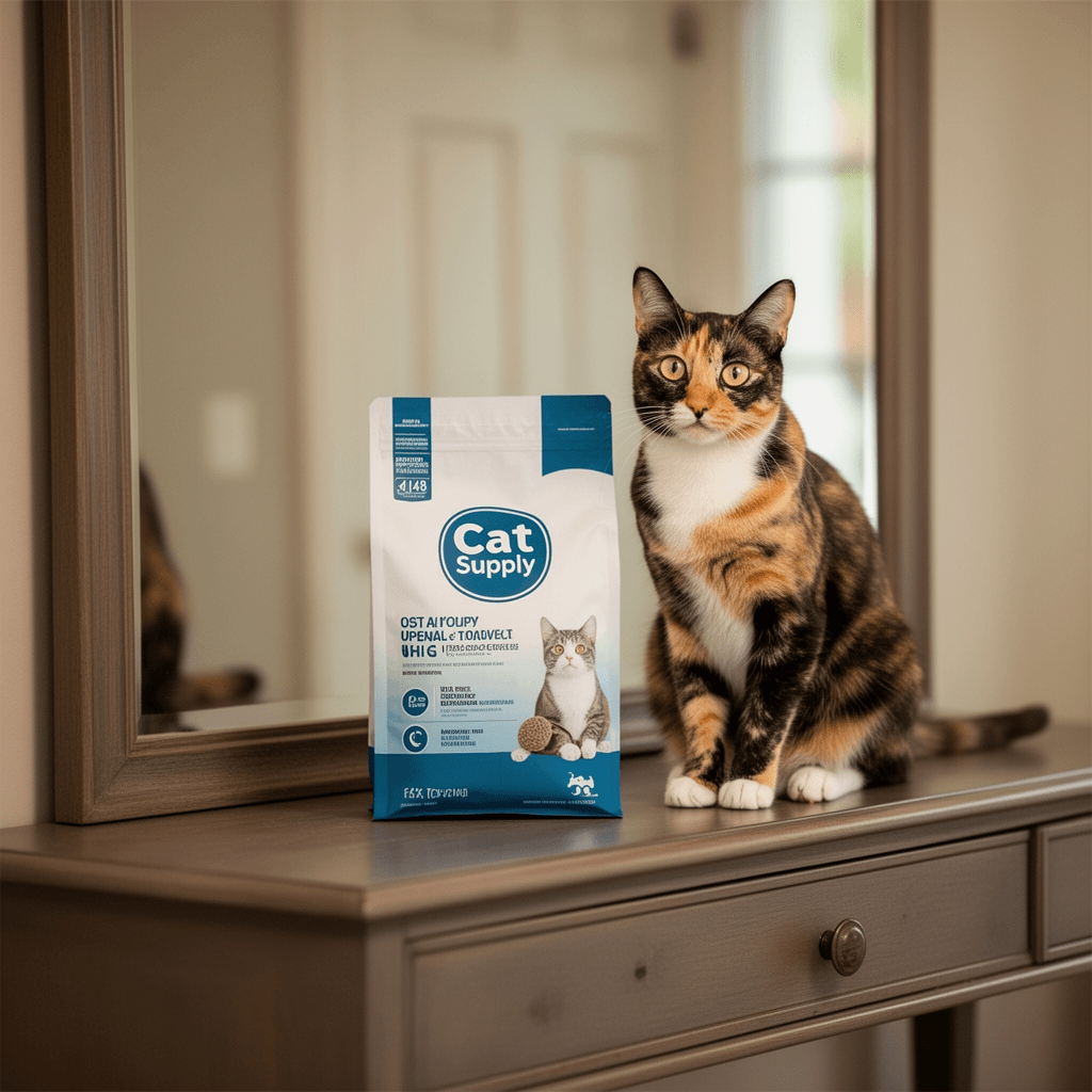 Fresh Step 4 in 1 Deluxe Cat Litter Cleanup Kit - Kitty with cat - professional product lifestyle photo