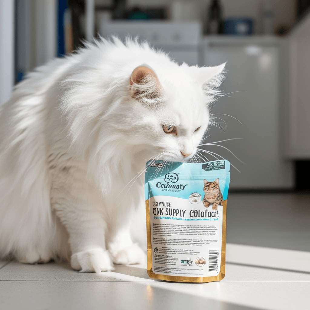 Firsal Cat Litter Scoop Stainless Steel Mesh Scooper Long with cat - professional product lifestyle photo