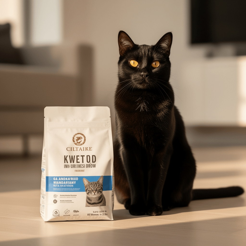 Rocco & Roxie Litter Box Odor Eliminator with cat - professional product lifestyle photo