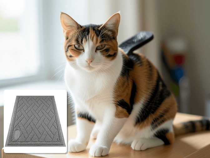 Cat owner reviewing best cat litter mats for tracking options for their pet in 2026