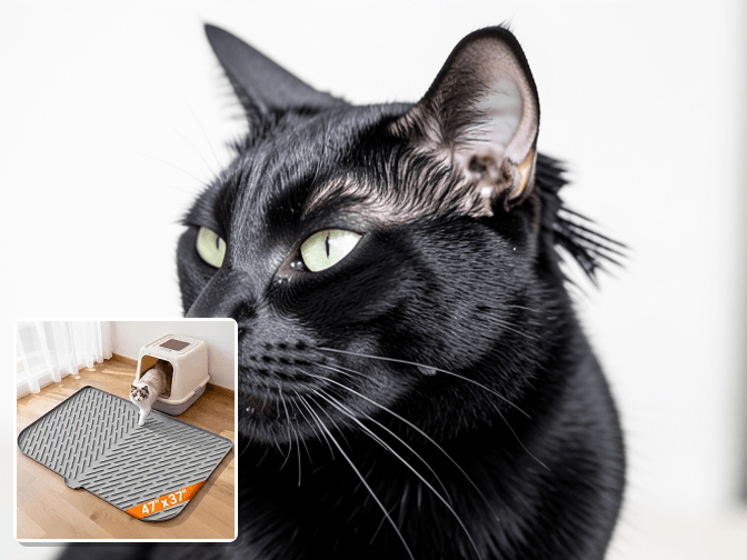 Cat owner reviewing cat litter scatter shield guard options for their pet in 2026