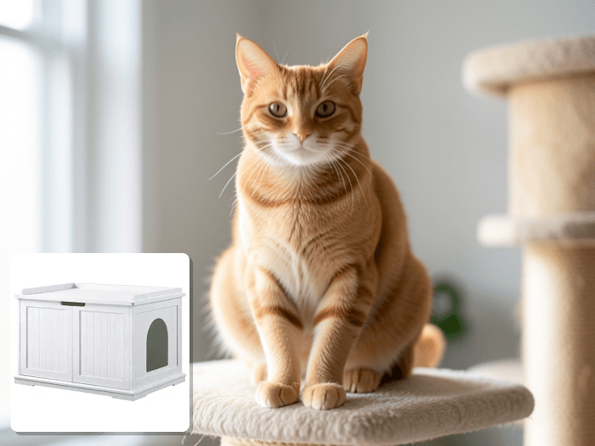Cat owner reviewing enclosed litter box furniture cabinet options for their pet in 2026