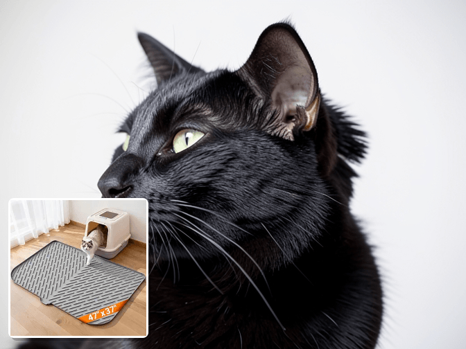 Cat owner reviewing extra large litter catching mat options for their pet in 2026