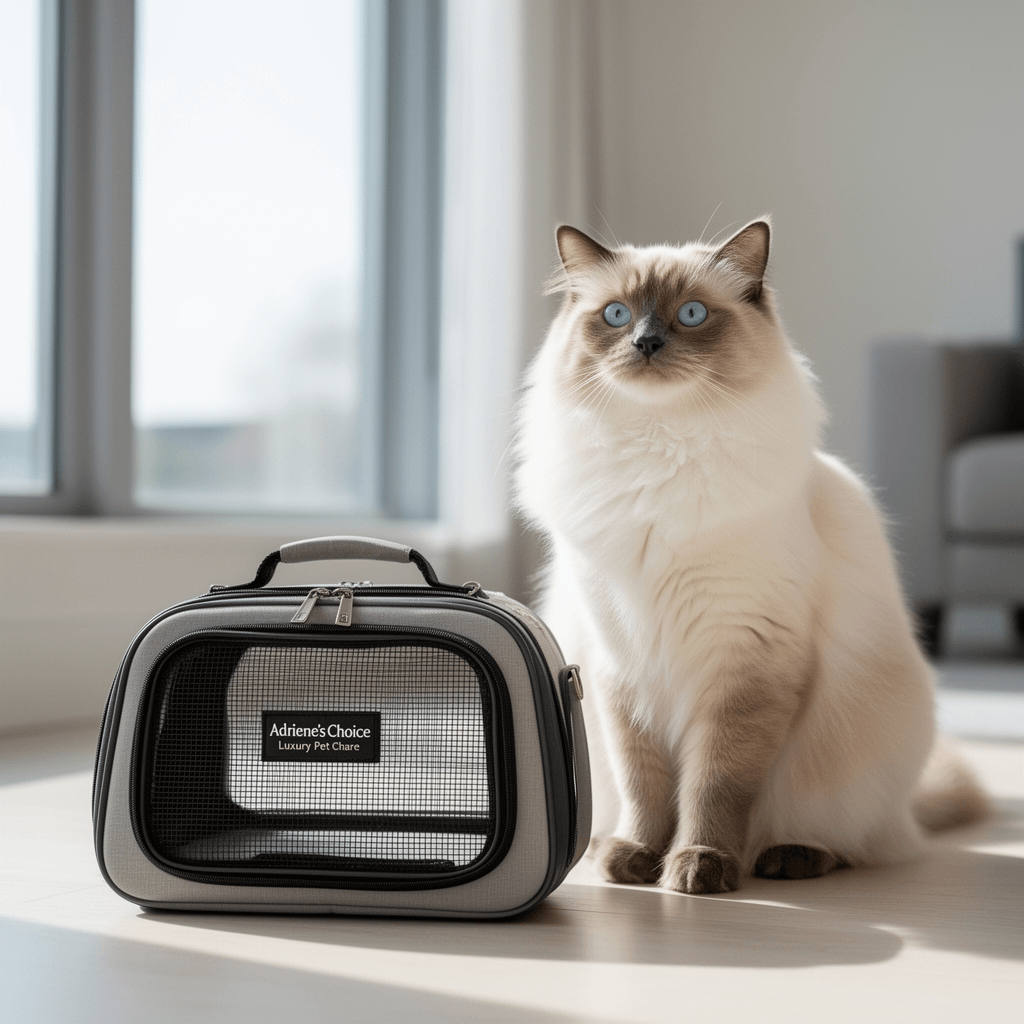 Adriene's Choice Luxury Pet Carrier with cat - professional product lifestyle photo