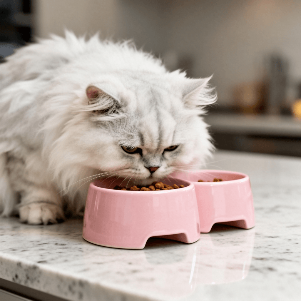 Pink Ceramic Raised Cat Bowls with cat - professional product lifestyle photo