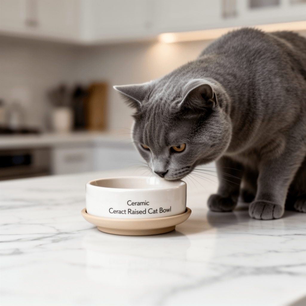 Ceramic Raised Cat Bowl with cat - professional product lifestyle photo