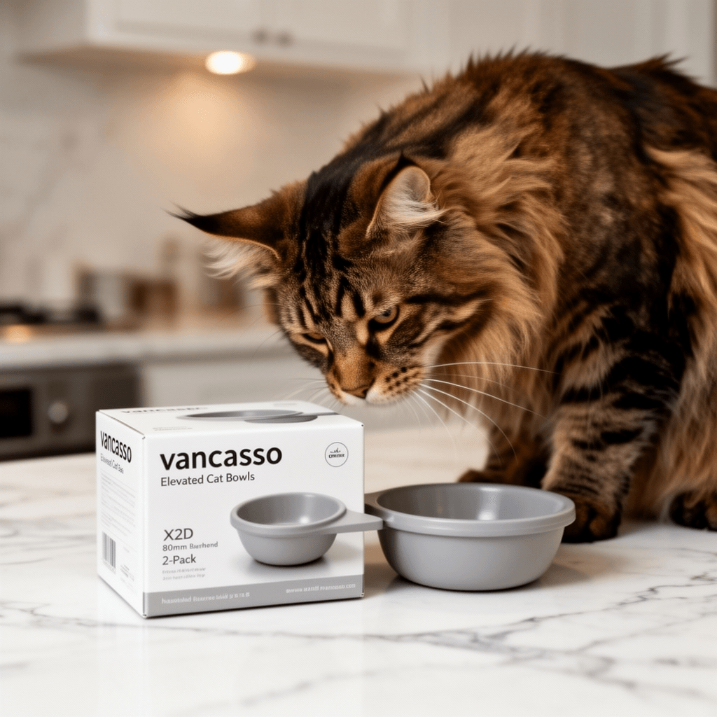 vancasso Elevated Cat Bowls 2-Pack with cat - professional product lifestyle photo