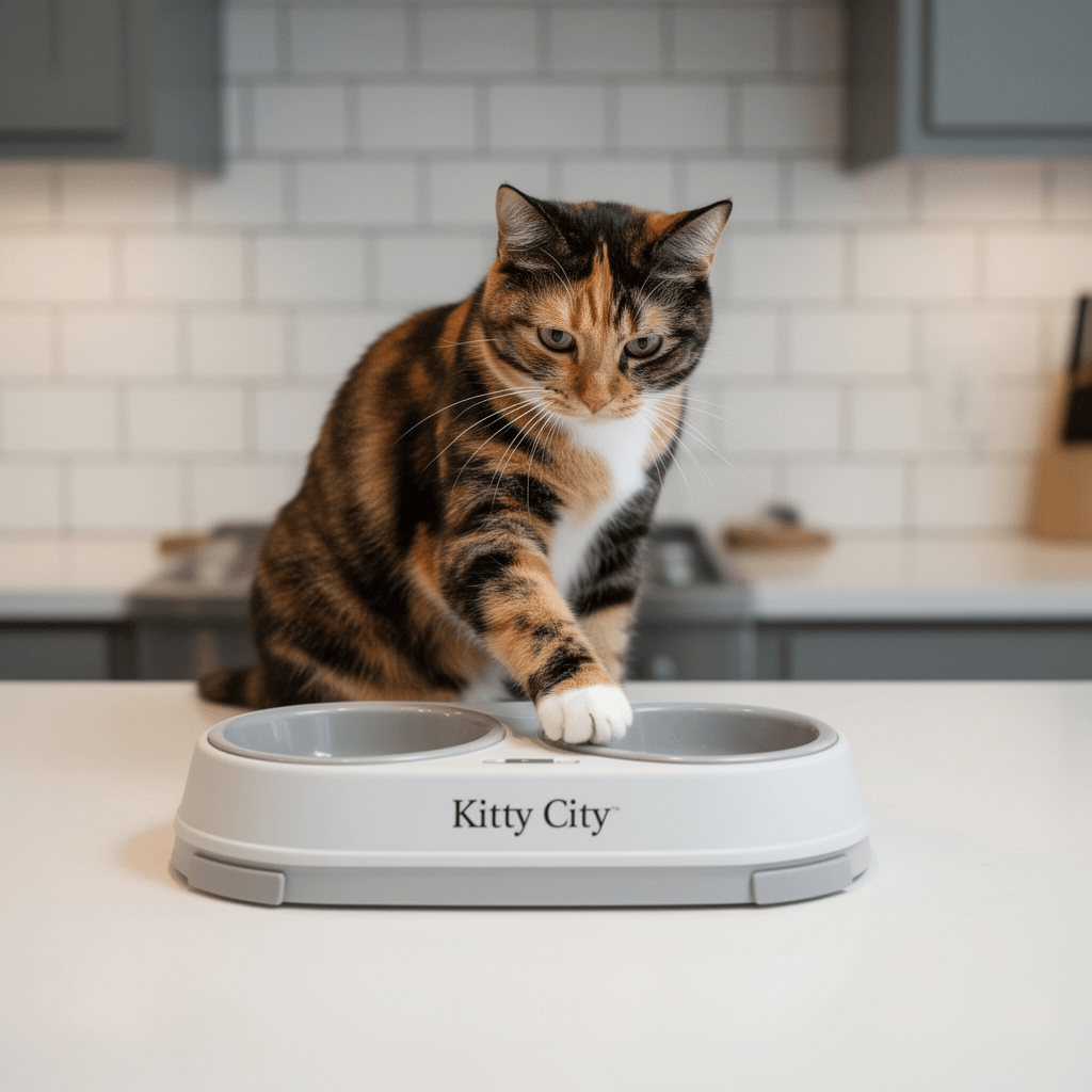 Kitty City Elevated Cat Bowls with cat - professional product lifestyle photo