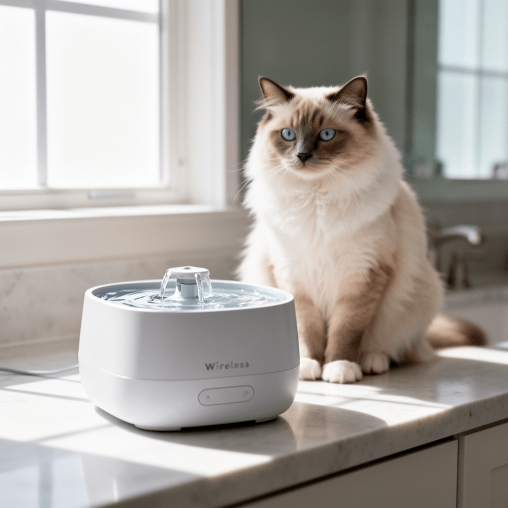 Wireless Cat Water Fountain with cat - professional product lifestyle photo