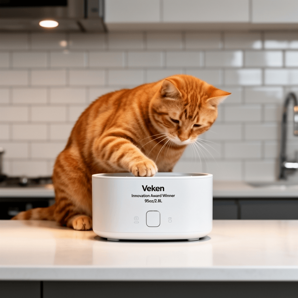 Veken Innovation Award Winner 95oz/2.8L Pet Fountain with cat - professional product lifestyle photo