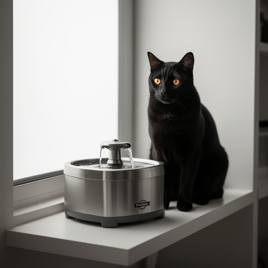 PetSafe Drinkwell Platinum Dog and Cat Water Fountain with cat - professional product lifestyle photo