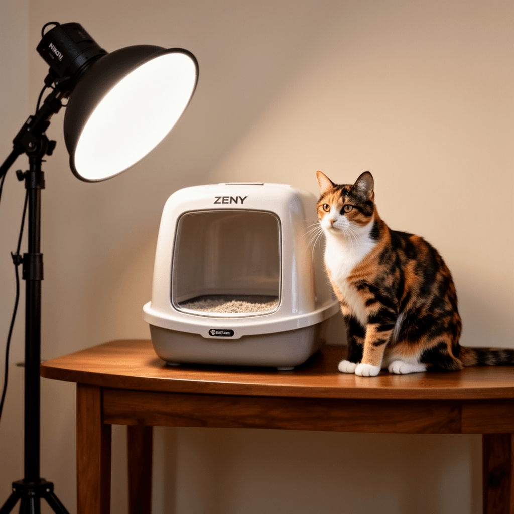 ZENY Cat Litter Box Enclosure with cat - professional product lifestyle photo