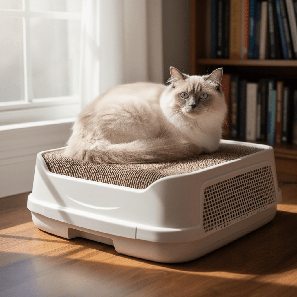 Cat Litter Box Enclosure with Cat Scratch Pad with cat - professional product lifestyle photo