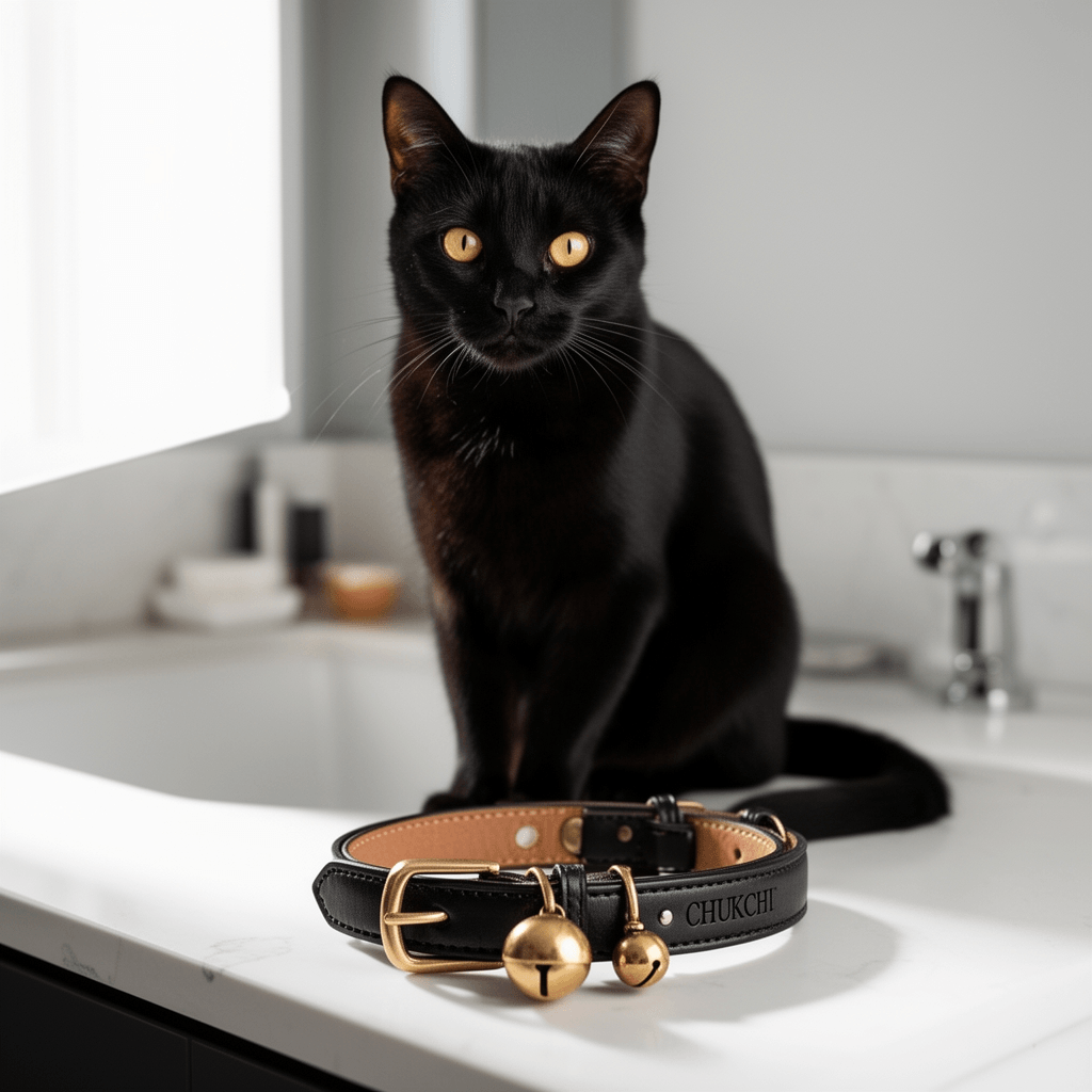 CHUKCHI Leather Cat Collars for Boy Girl Cats with Bell and with cat - professional product lifestyle photo