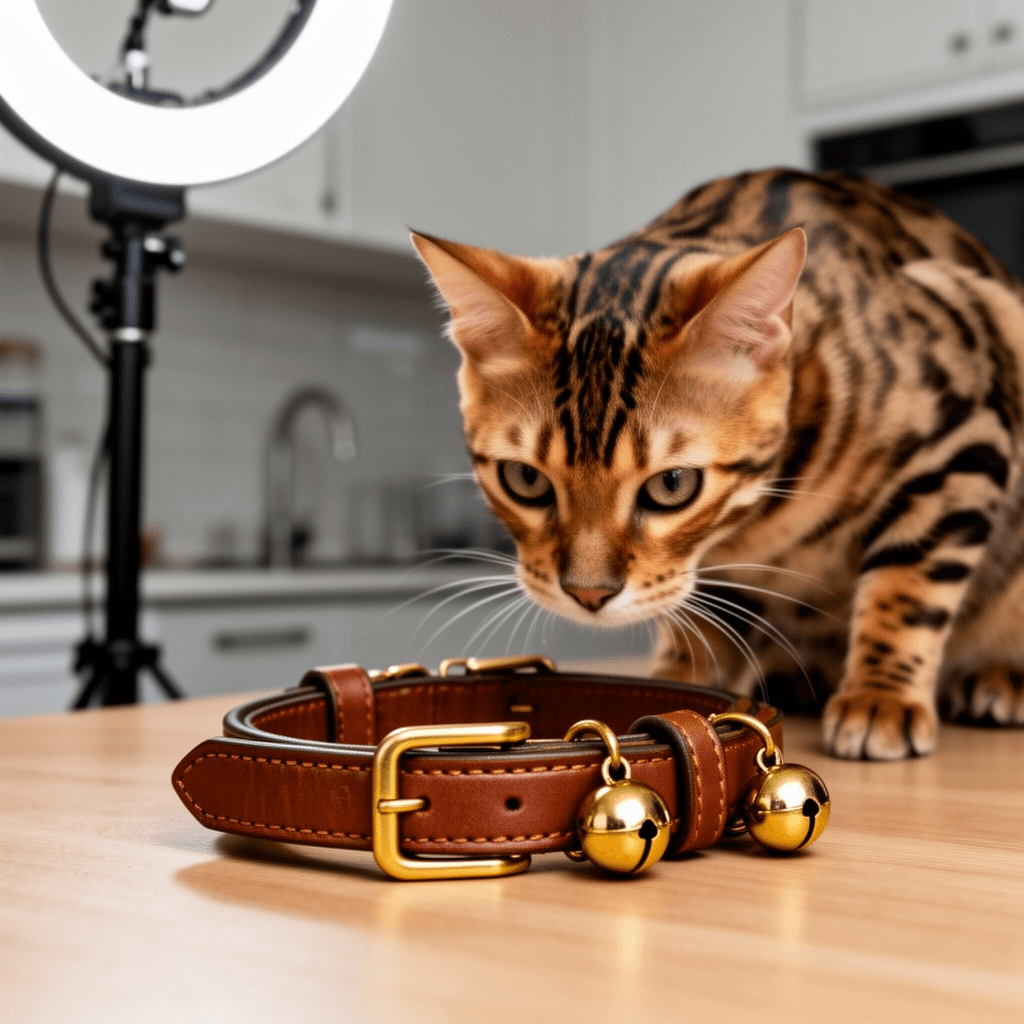 Leather Cat Collars with Bells with cat - professional product lifestyle photo