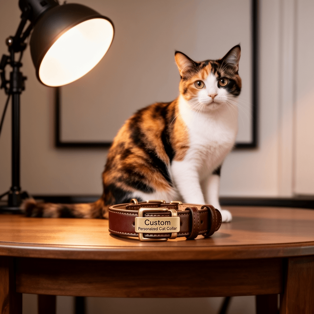 Custom Leather Cat Collar Personalized Cat Collar Adjustable with cat - professional product lifestyle photo