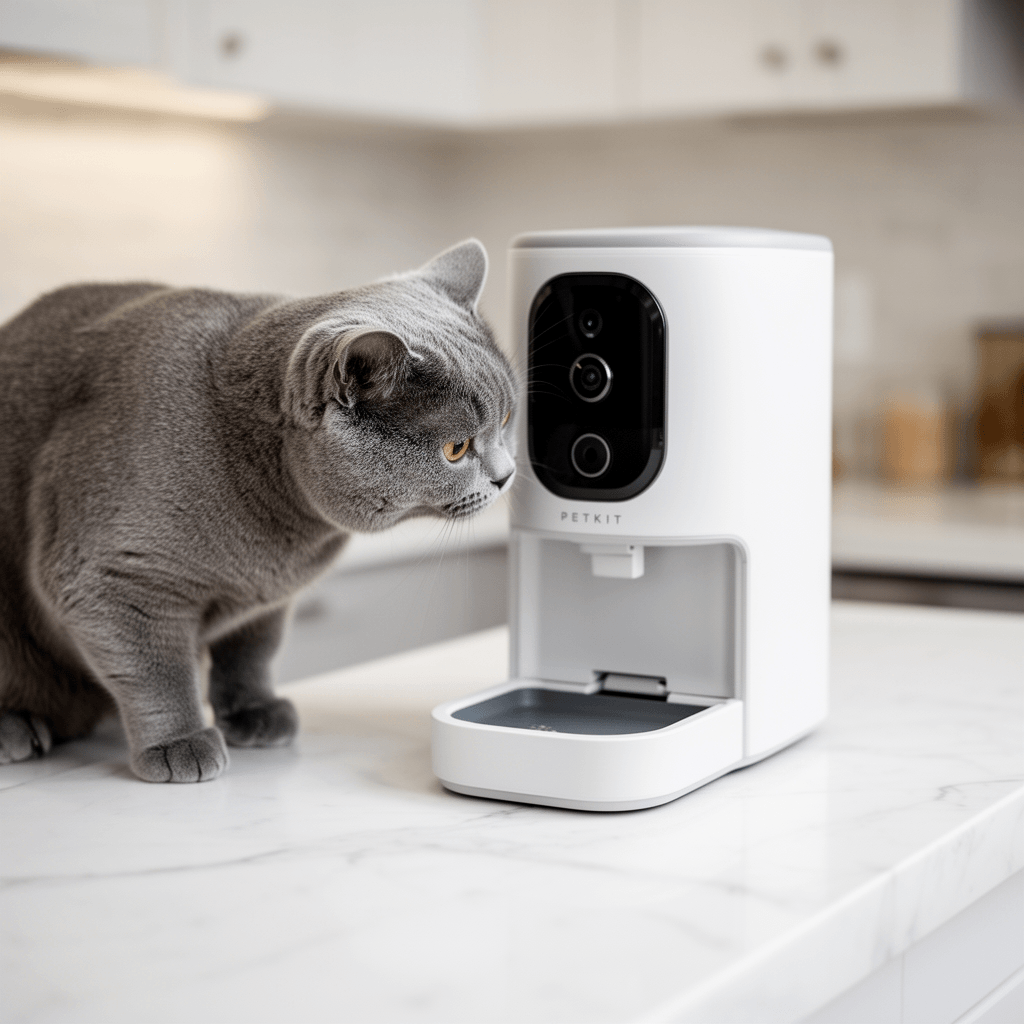 PETKIT Automatic Cat Feeder with Camera with cat - professional product lifestyle photo