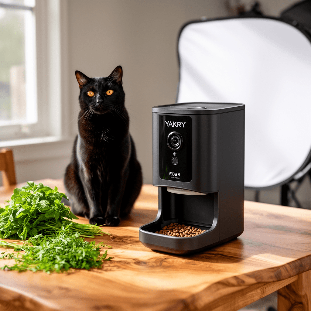 Yakry Automatic Cat Feeder with Camera - 5G WiFi Easy Setup with cat - professional product lifestyle photo