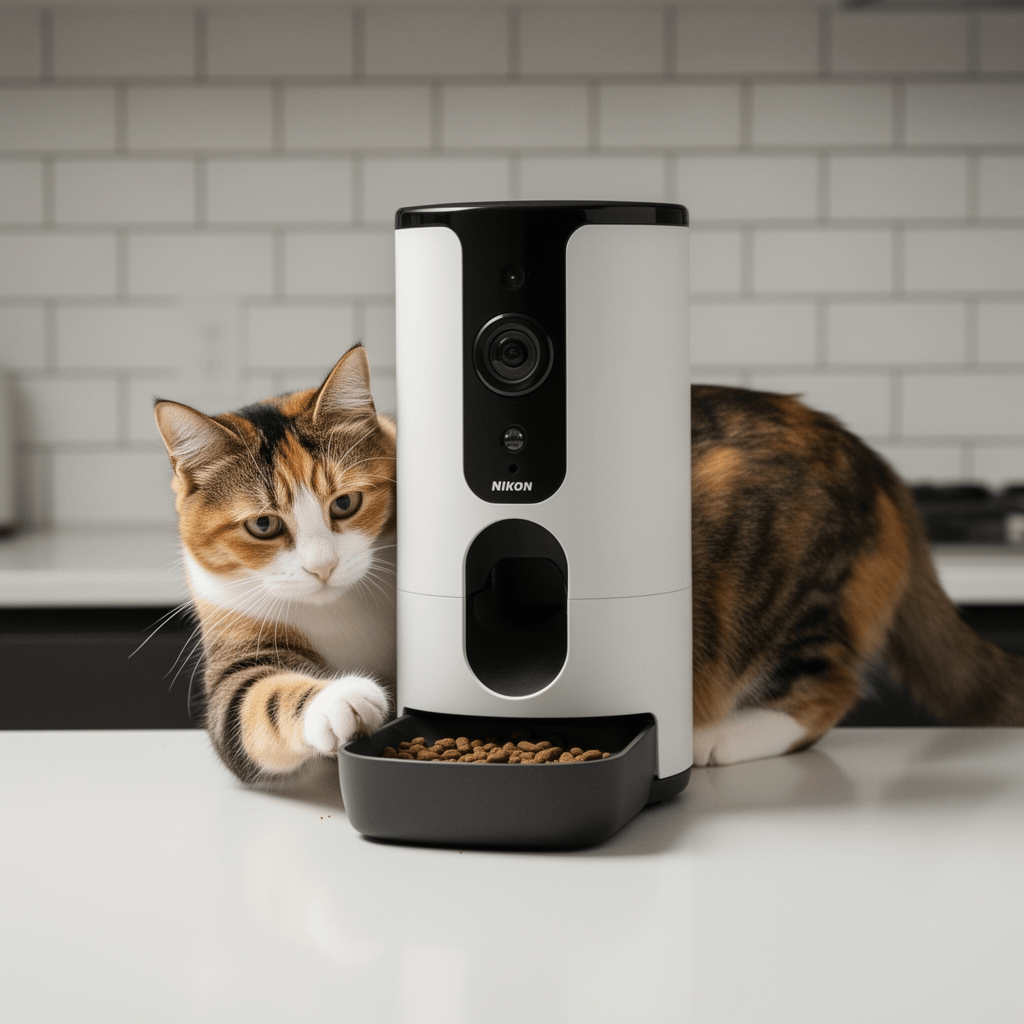 Automatic Cat Feeder with Camera with cat - professional product lifestyle photo