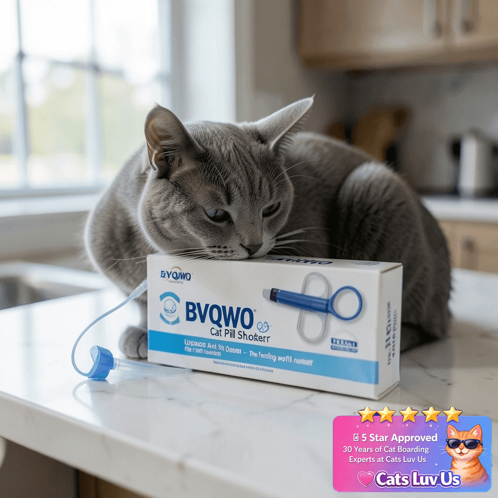 BVQWO Cat Pill Shooter with cat - professional product lifestyle photo