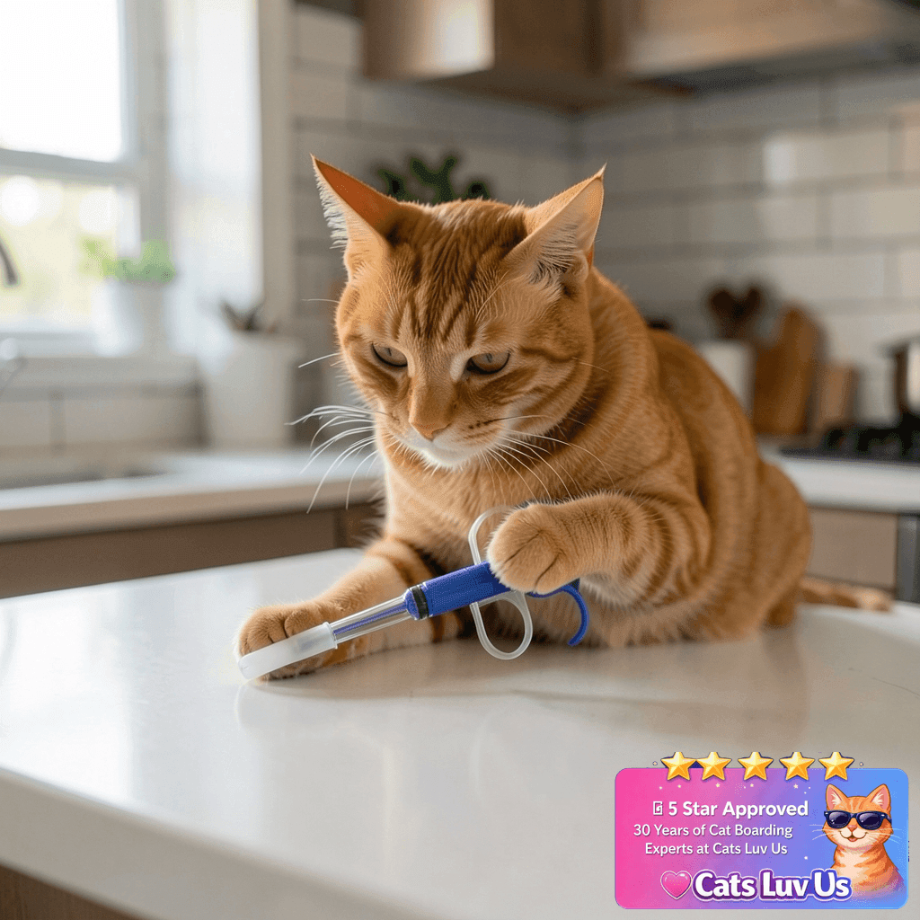 BVQWO Cat Pill Shooter with cat - professional product lifestyle photo