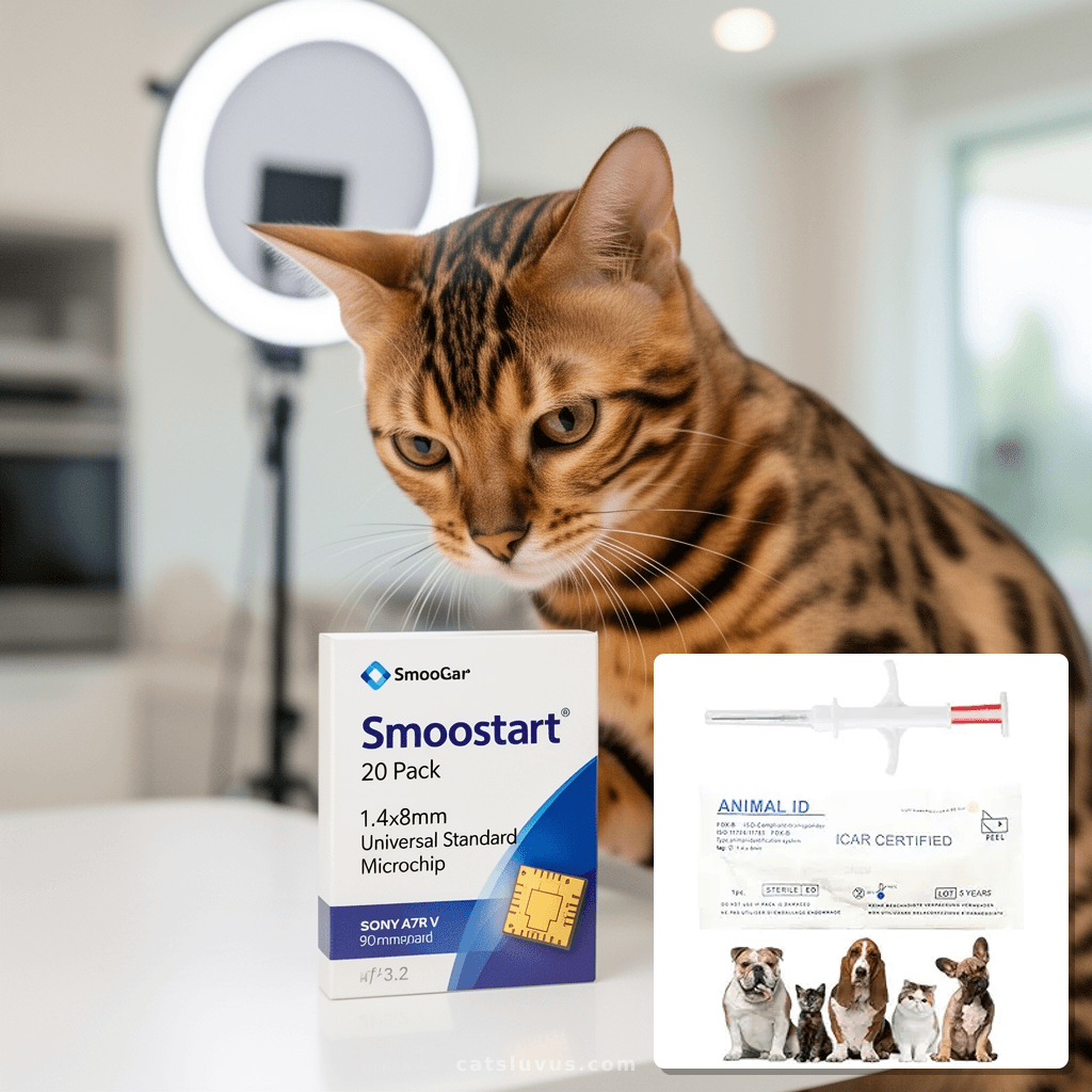 Smoostart 20 Pack 1.4x8mm Universal Standard Microchip with cat - professional product lifestyle photo