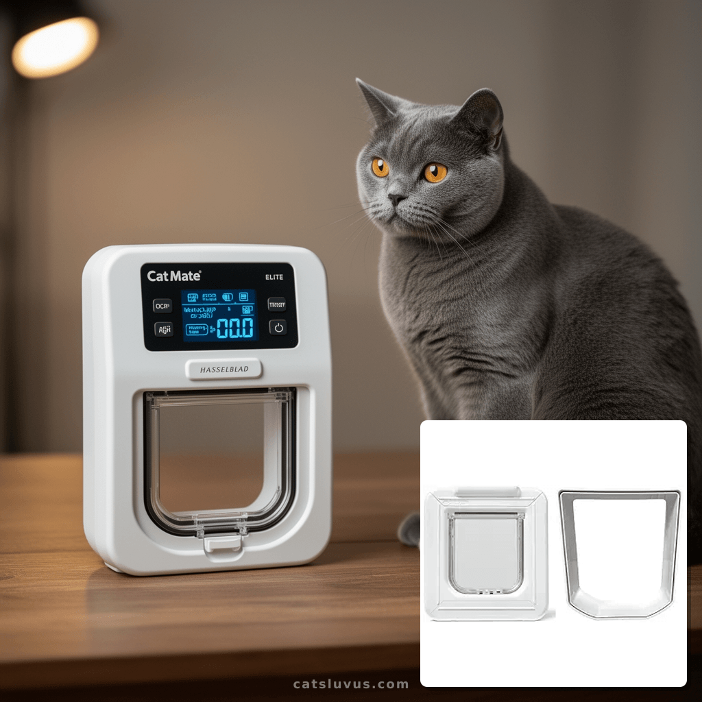 Cat Mate Elite Microchip Cat Flap with Digital Timer & LCD D with cat - professional product lifestyle photo