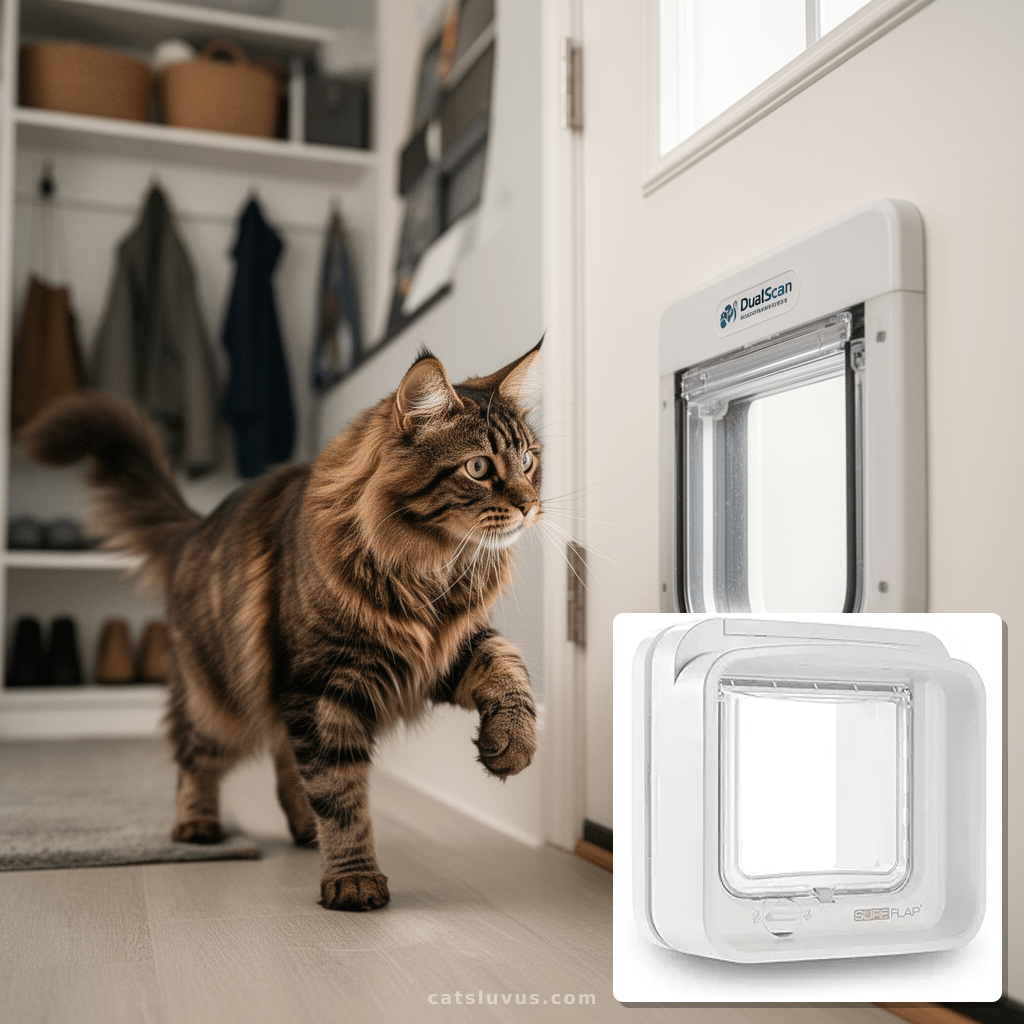 SureFlap DualScan Microchip Cat Door - Door Opening is 4 3/4 with cat - professional product lifestyle photo