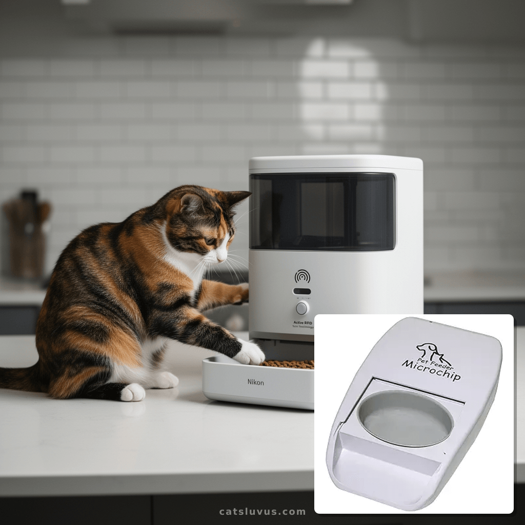 Automatic Pet Feeder with Active RFID Technology with cat - professional product lifestyle photo