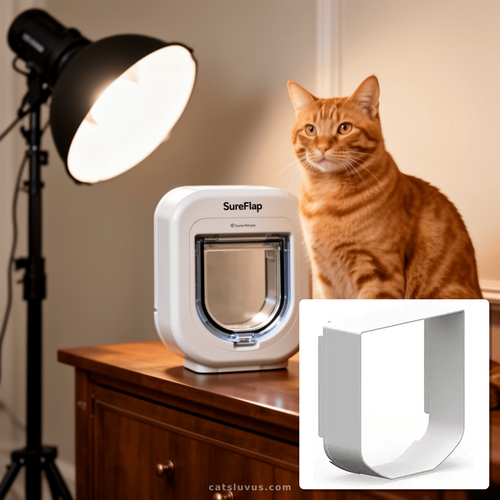 Sure Petcare SureFlap Microchip Cat Flap Tunnel Extender with cat - professional product lifestyle photo