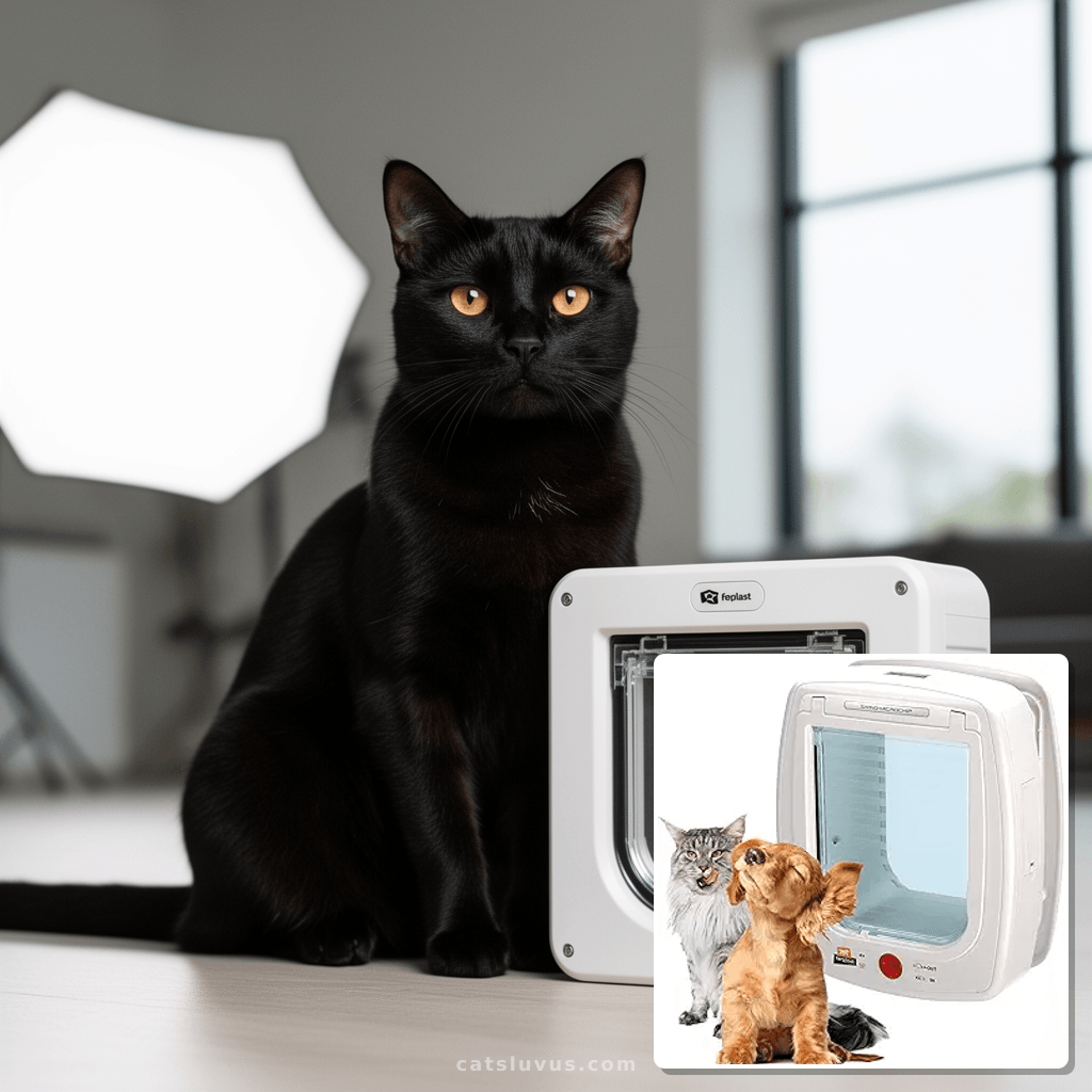 Ferplast Cat Flap with Microchip Swing Microchip Large Door  with cat - professional product lifestyle photo