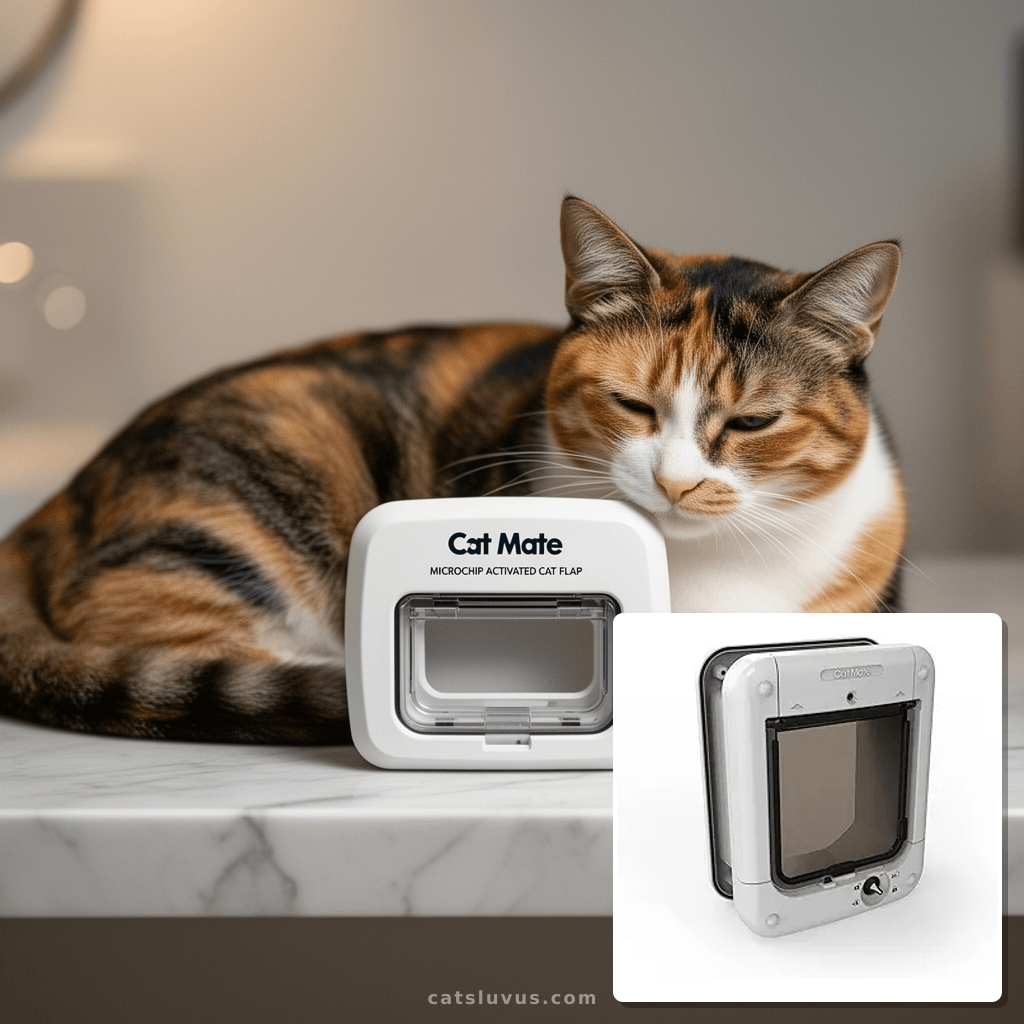 Cat Mate Microchip Activated Cat Flap with cat - professional product lifestyle photo