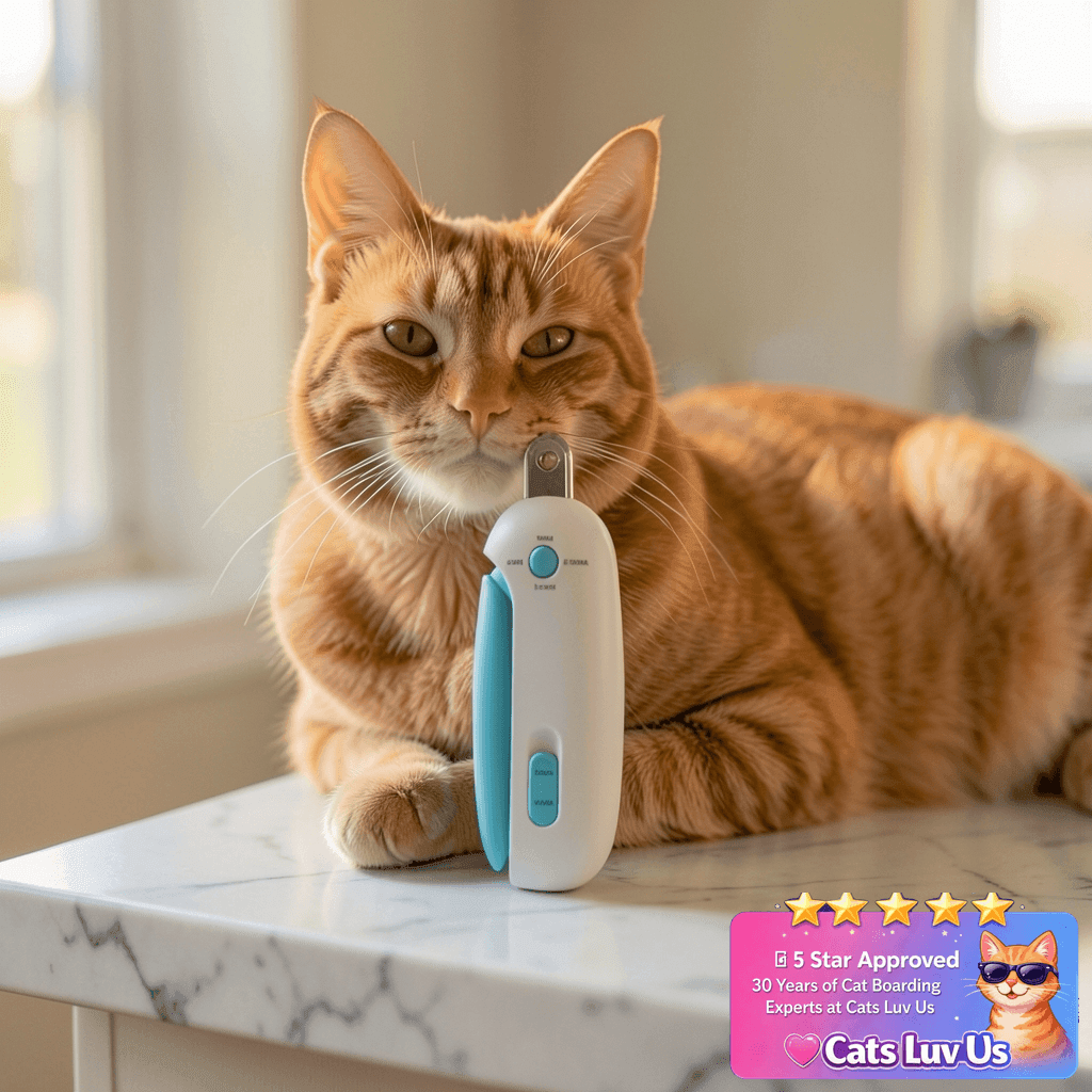 Potaroma Cat Nail Clipper with Adjustable 3-Size Trimming with cat - professional product lifestyle photo