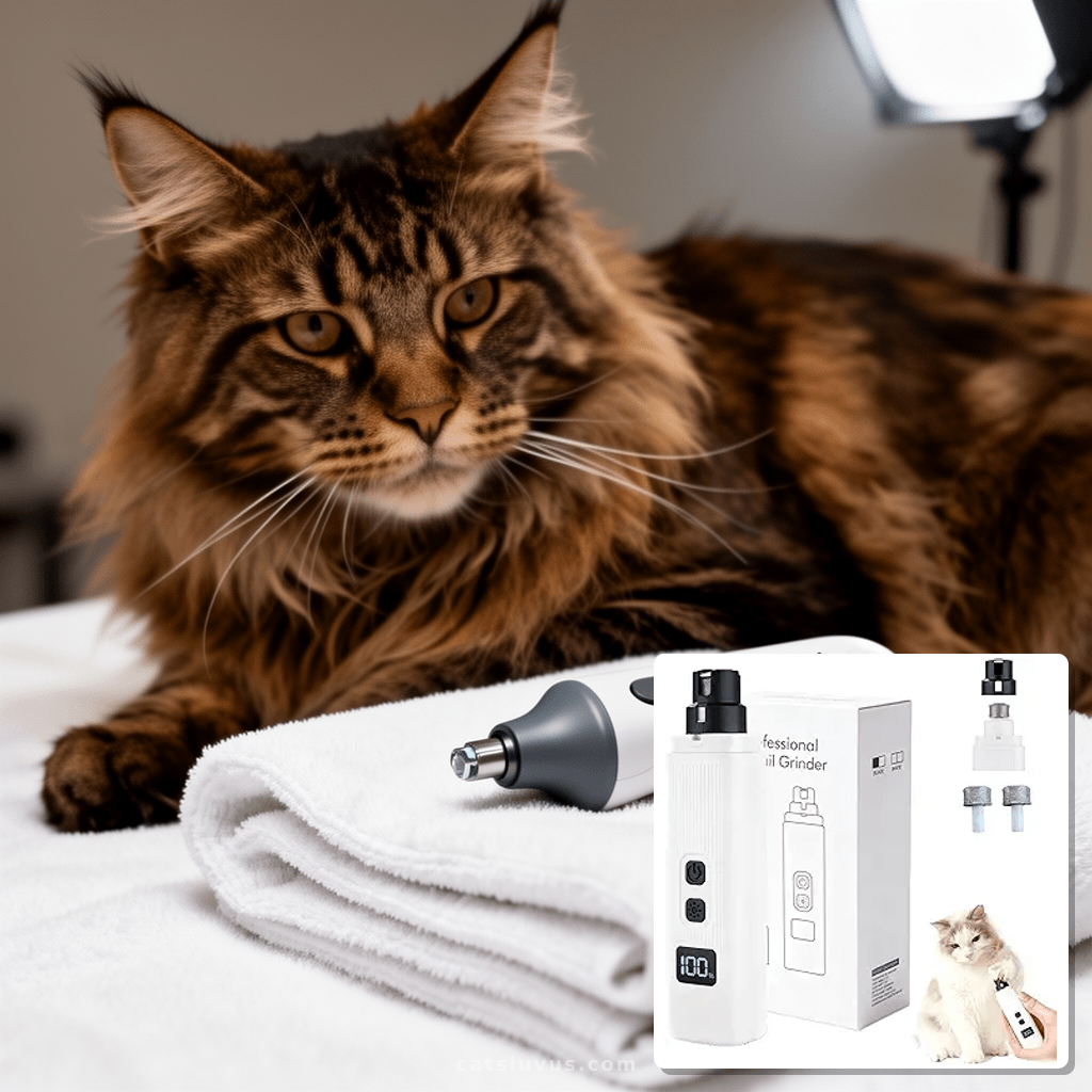 Safe Cut Cat Nail Trimmer – Ultra-Quiet Pet Nail Grinder with cat - professional product lifestyle photo