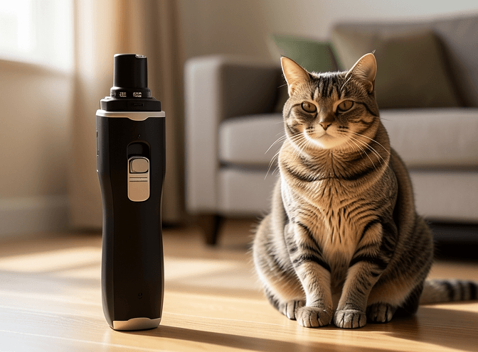 Cat owner reviewing cat nail grinders & electric trimmers comparison options for their pet in 2026