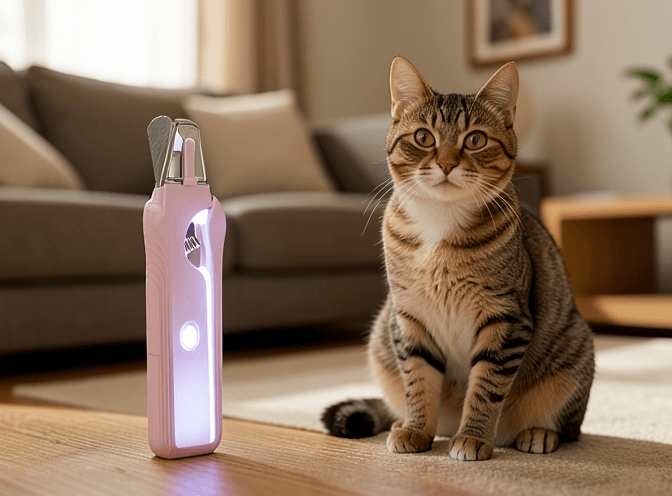 Cat owner reviewing cat nail grinders & electric trimmers for anxious cats options for their pet in 2026