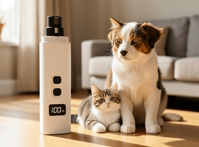 Cat owner reviewing cat nail grinders & electric trimmers for indoor cats options for their pet in 2026