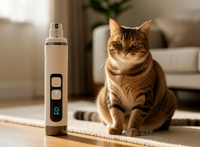 Cat owner reviewing cat nail grinders & electric trimmers for senior cats options for their pet in 2026